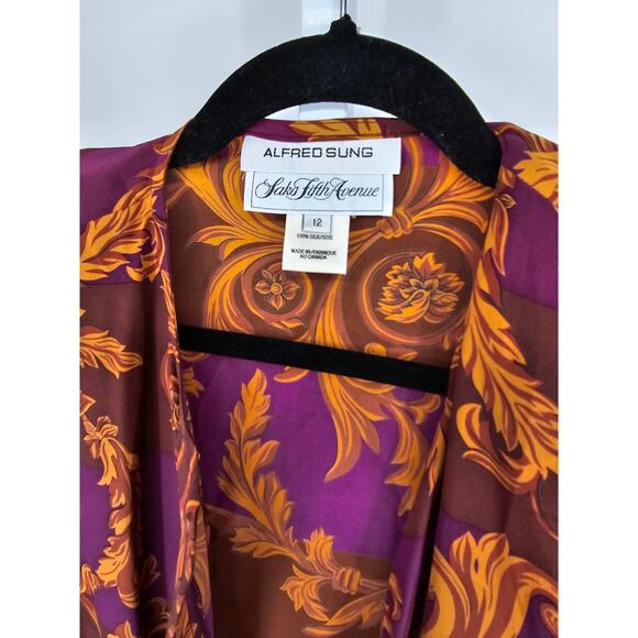 Alfred Sung Womens Sz 12 Long Sleeve Button Up 100% Silk Blouse Purple Gold VTG - Picture 3 of 5
